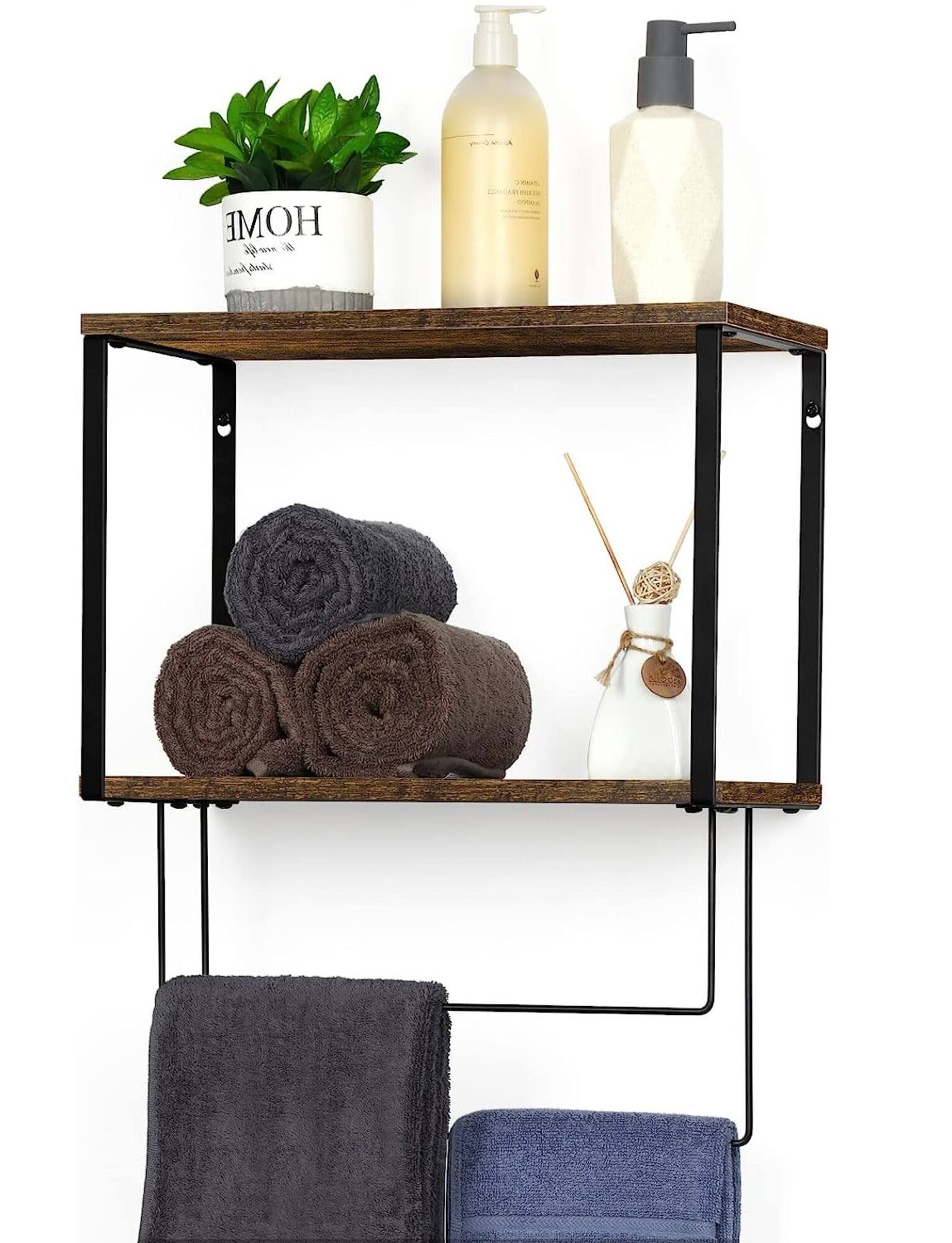 Brown Wood Wall Mount Bathroom 2 Tier Towel Shelf